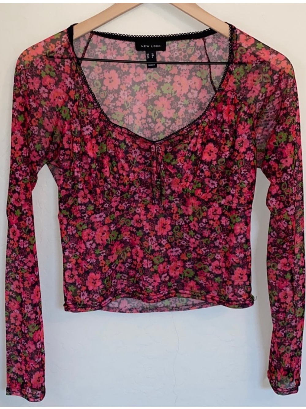 ASOS Pink Floral Sheer Long Sleeve Mesh Top